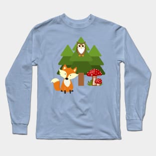 Kawaii fox owl and mushroom pattern Long Sleeve T-Shirt